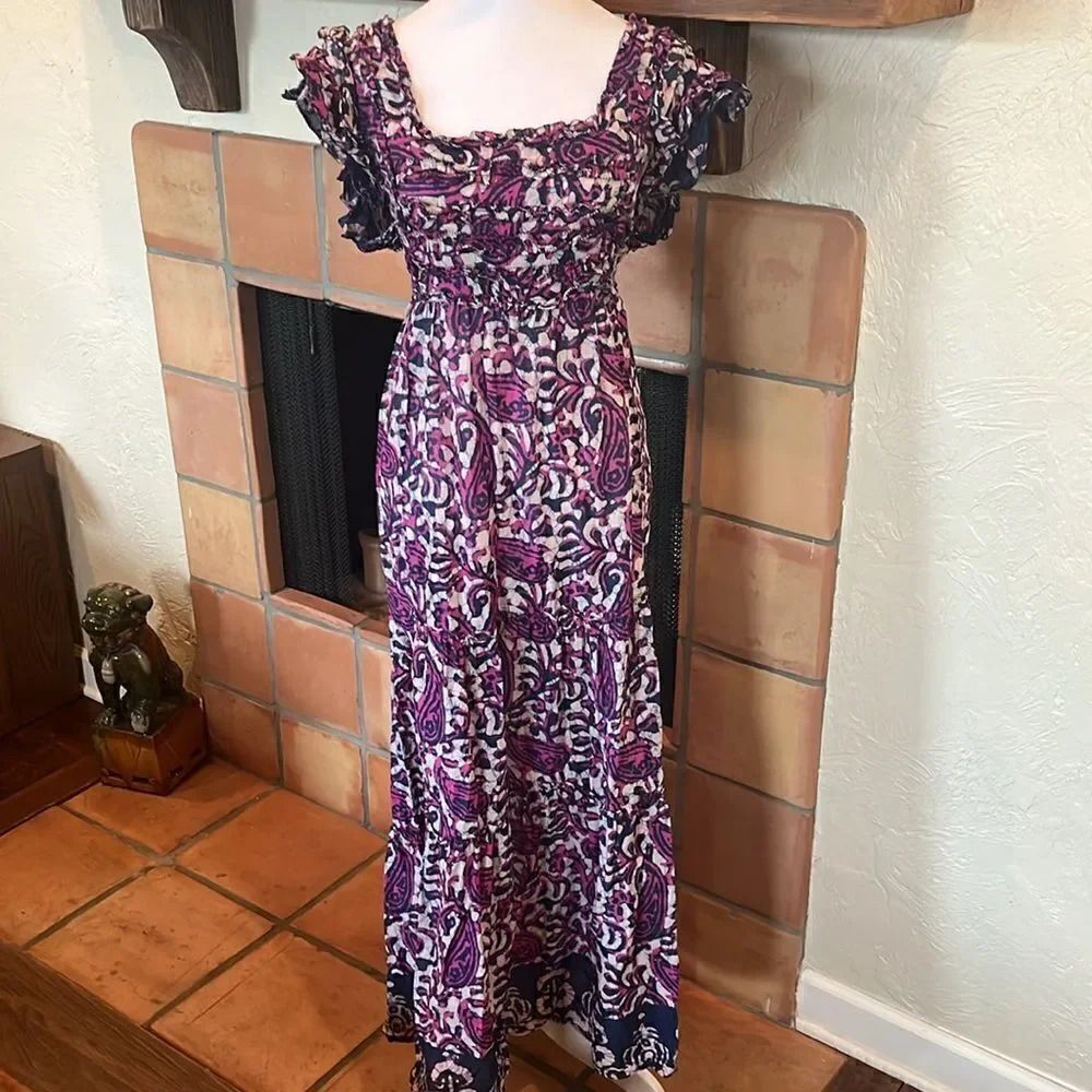 House of Harlow 1960 Batik Maxi Dress Ruffles Cut-Out Back Tie, size L